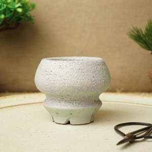 May include: A small, white ceramic planter with a textured surface and a rounded base. The planter has a light green glaze and is sitting on a white surface.