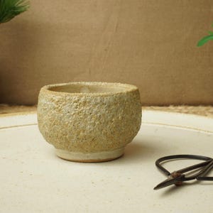 May include: A small, textured ceramic bowl in a light beige hue. The bowl has a rounded form and is placed on a white base. A pair of black scissors is positioned on the surface beside the bowl. The background features small potted plants.