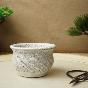 May include: A white ceramic planter with a textured surface. The planter is round and has a wide base. It is sitting on a white surface.