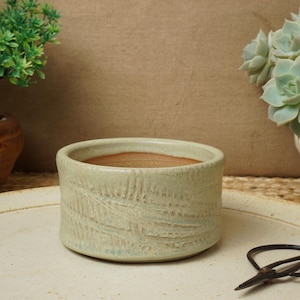 May include: A small, light green ceramic planter with a textured, carved design. The round, open-topped pot sits on a cream-colored plate. A pair of black scissors rests on the plate. The planter is suitable for small plants.