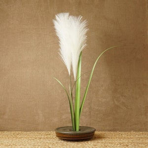 May include: A white pampas grass arrangement in a brown ceramic vase. The vase has a round base and a slightly flared lip. The pampas grass is arranged in a simple, elegant style, with the stems extending upwards and the plumes cascading downwards.