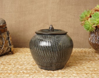 Storage jar, Cremation urn, Purple oil spot glaze, Handmade studio pottery. G1853. StevaCeramics