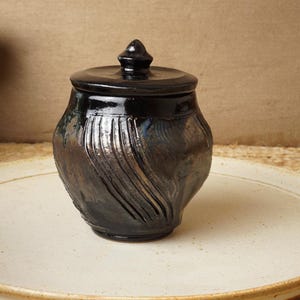 Può includere: Un vaso in ceramica nera con un coperchio, che presenta un design a spirale e texture. Il vaso ha una lucentezza scura, quasi metallica.