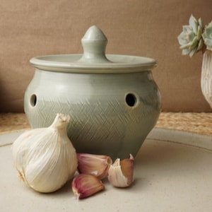 Puede incluir: Un recipiente para ajo de cerámica verde claro con tapa y dos agujeros, junto a un bulbo de ajo entero y varios dientes en un plato redondo. El recipiente tiene un patrón texturizado.