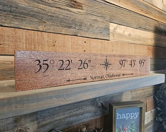 Solid Mahogany coordinates sitter - GPS coordinates- coordinate gift- longitude gift- wooden coordinates - anniversary gift- housewarming