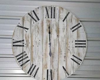 60in "Classic" farmhouse clock with white distressed finish and Roman numerals,  fixer upper clock, shabby chic clock, shiplap clock, rustic