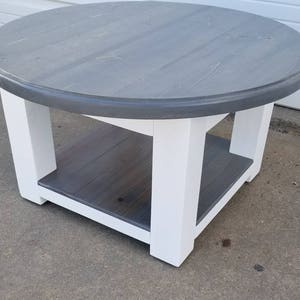 Round farmhouse coffee table with gray stained top and lower shelf - rustic furniture - reclaimed wood table - farmhouse style