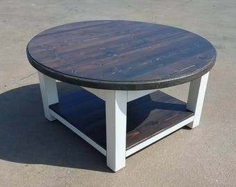 Round farmhouse coffee table with dark walnut stained top and lower shelf - solid wood coffee table -