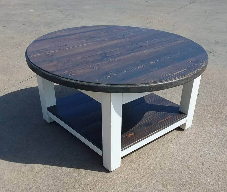 Round farmhouse coffee table with dark walnut stained top and lower shelf - solid wood coffee table - 