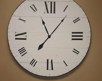 18in "Aaron" farmhouse wall clock with white finish and Roman numerals. Fixer upper clock, shabby chic clock, shiplap clock, rustic clock