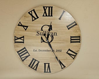 30" monogrammed reclaimed wood wall clock, farmhouse-style clock, rustic decor. Personalized anniversary date.