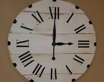 24in "Rivited Classic" farmhouse wall clock with white distressed finish and Roman numerals, fixer upper clock, rustic clock, shiplap clock