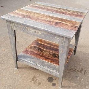 Nantucket farmhouse end table with multicolored stain finish and lower shelf - rustic end table- farmhouse style - living room furniture