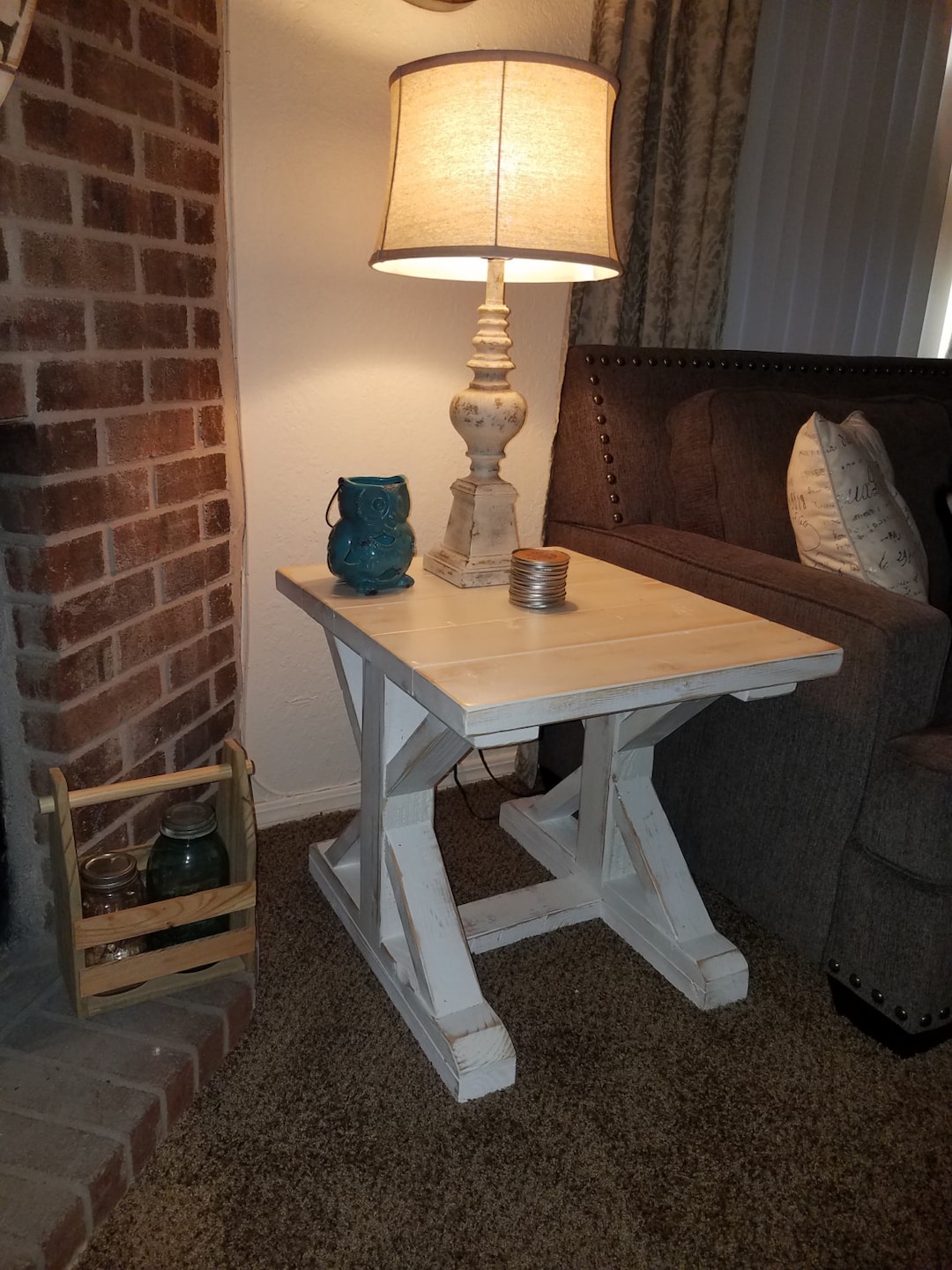 Farmhouse End Table With Trestle Legs and White Distressed Finish ...