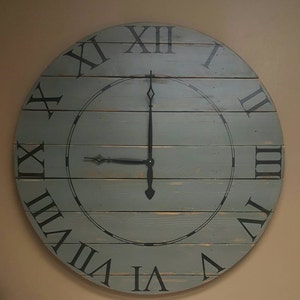 42in &quot;Norah&quot; farmhouse wall clock with light gray distressed finish and Roman numerals. Fixer upper clock, rustic clock, shiplap clock