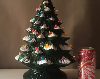 Vintage 12.5 Inch Ceramic Lighted Christmas Tree, Snowy Branches Plug In