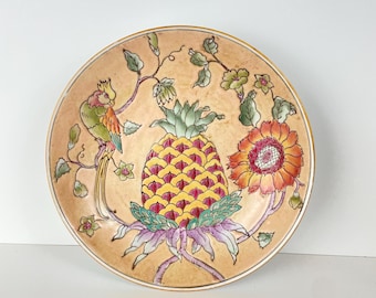 Vintage 90s Pink Chinoiserie Pineapple Sunflower Parrot Decorative Bowl 7.5 inch
