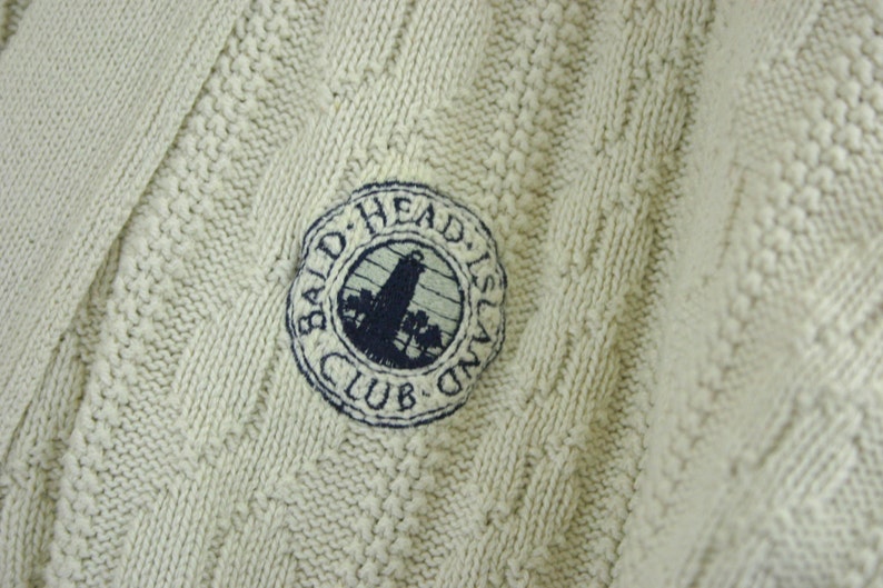 90s Preppy V Neck Cardigan Mens XL Cable Knit Bald Head Island Country Club Outer Banks NC Off White