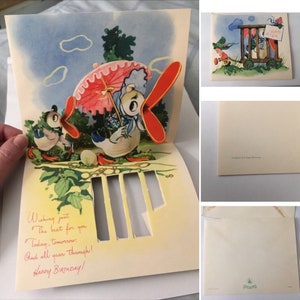 Vintage 40er Jahre Pop Up Karte Geburtstag Made in Germany Enten Kleiner Junge Wagen