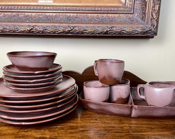 Brown Plainsman Frankoma Dish Set Vintage Pottery 17 Pieces