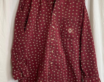 Vintage Mens M Ivy Crew Long Sleeve Shirt Maroon Burgundy Patterned Button Front Cotton Shirt 90s