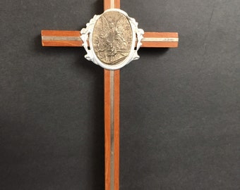 Vintage Wood and Metal Cross with Angel Medallion Catholic Decor