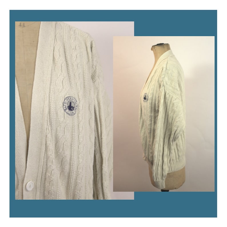 90s Preppy V Neck Cardigan Mens XL Cable Knit Bald Head Island Country Club Outer Banks NC Off White