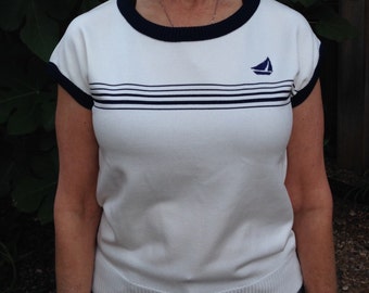 Womens M Vintage 90s Givenchy Sport Knit Top: Ivory Nautical Sailboat, Cap Sleeve Preppy