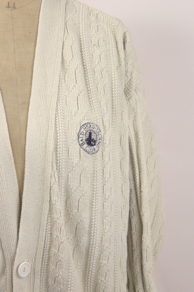 90s Preppy V Neck Cardigan Mens XL Cable Knit Bald Head Island Country Club Outer Banks NC Off White