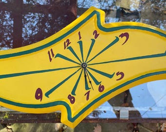 Yellow Ceramic Clock Retro 60s Style Amateur Painted Unusual Shape Works