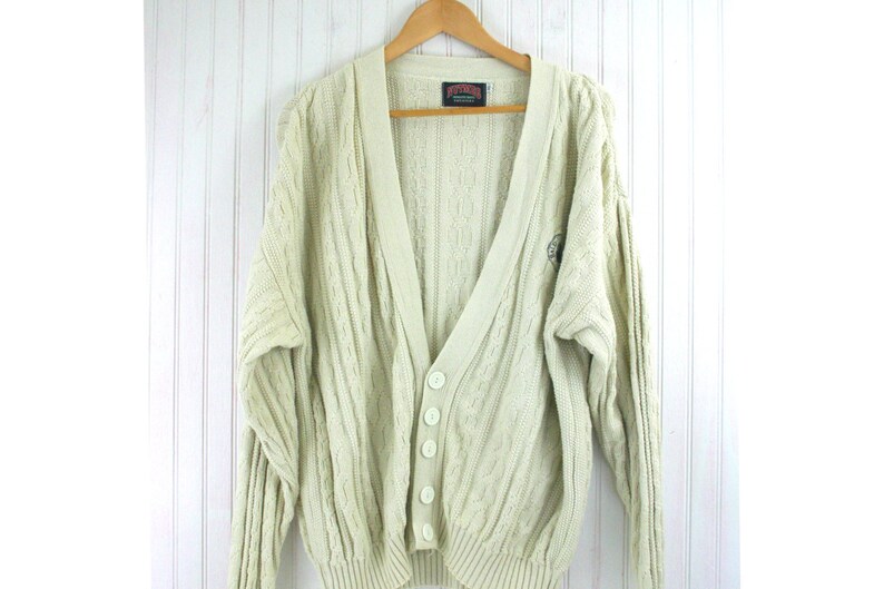 90s Preppy V Neck Cardigan Mens XL Cable Knit Bald Head Island Country Club Outer Banks NC Off White