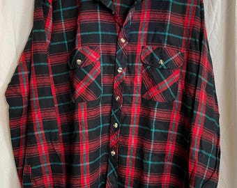 Vintage Mens XL Vegan Wool Long Sleeve Plaid Shirt Black Red Button Front Acrylic Shirt 90s