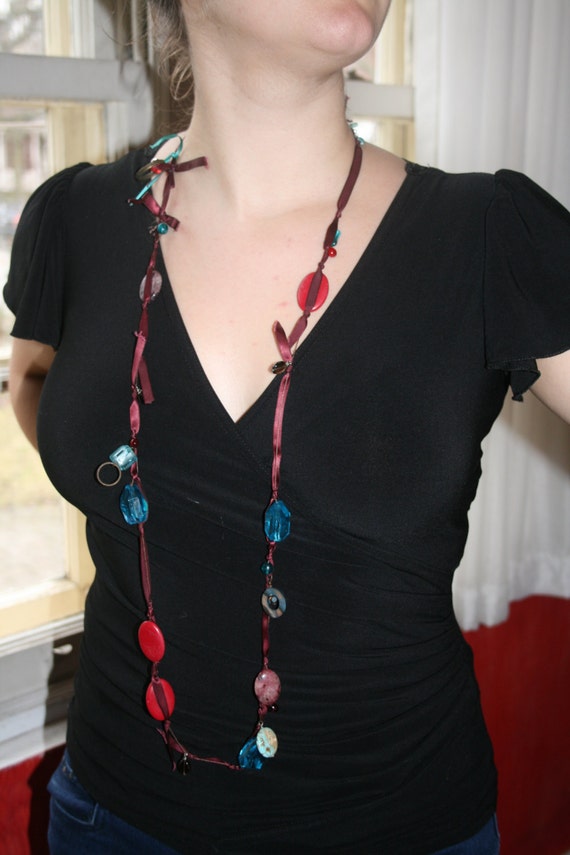 Long Red and Blue Ribbon Necklace, Big Blue Baroque Beads, Pressed