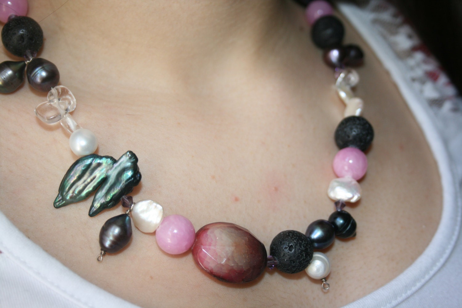 Collier Réglable Perles Et Agate D'eau Douce - Neuf Sans Emballage