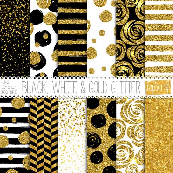 Glitter Digital Paper Black White And Golden Etsy