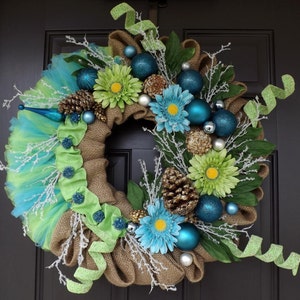 Green Blue Christmas Wreath With Flowers - Christmas Green Dream / Unique Christmas Gift / Christmas Decorations / Christmas Ornament