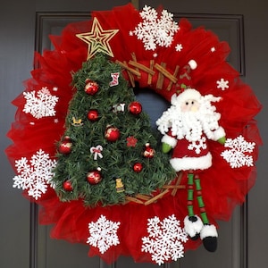 Árvore de Natal Guirlanda de Natal Vermelha com Papai Noel Guirlanda Única Artesanal - Papai Noel - Ótimo Presente!