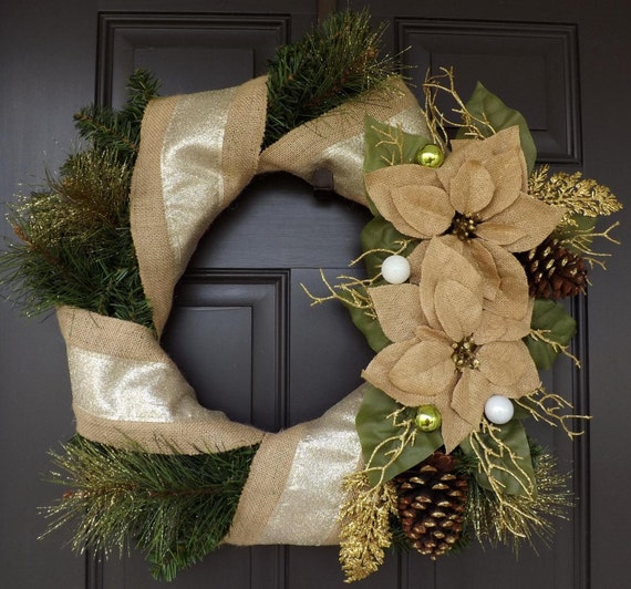 Classic Christmas Wreath With Green Gold Burlap Christmas Etsy