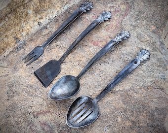 Serving Utensils, Hand Forged, Oak Leaf Rustic