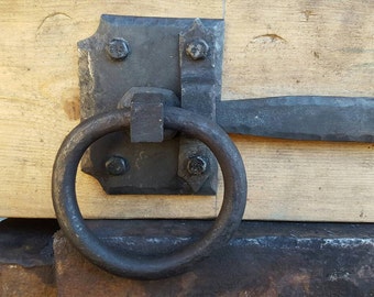 Hand forged barn door, double door ring latch.