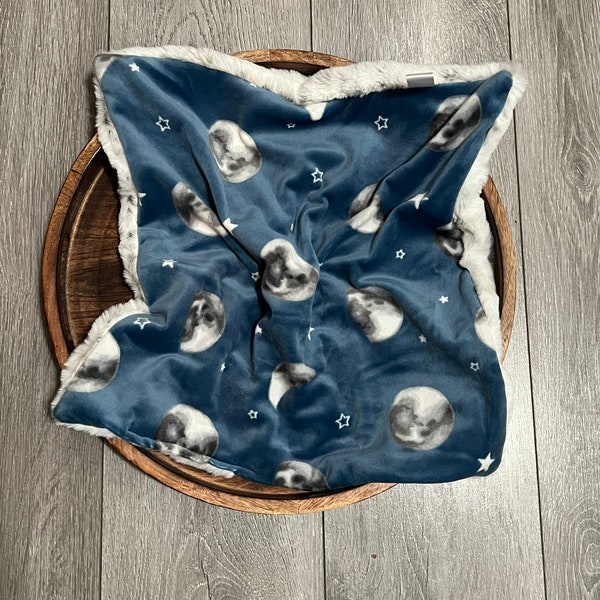 Minky Security Lovey Blanket Blue Moon Stars Galaxy Solar System Space Baby Tag Blankie