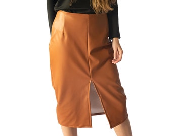 Midi leatherette skirt / Pencil skirt with slit / Brown Camel skirt for women