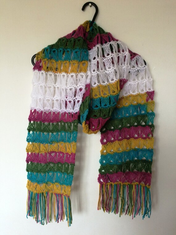 Items similar to Multicolour broomstick lace crochet scarf