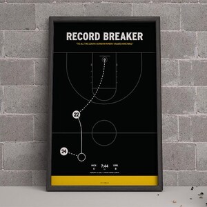 May include: Framed black and yellow basketball art print. The print features a basketball court diagram with a play drawn in white, and the words "RECORD BREAKER" at the top. The print is displayed against a gray brick wall.