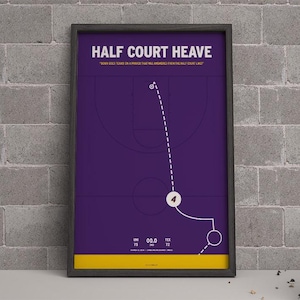 May include: Framed basketball art print with a purple court design and the words "HALF COURT HEAVE" in white. The print features a play diagram with a dotted line and the number 4.