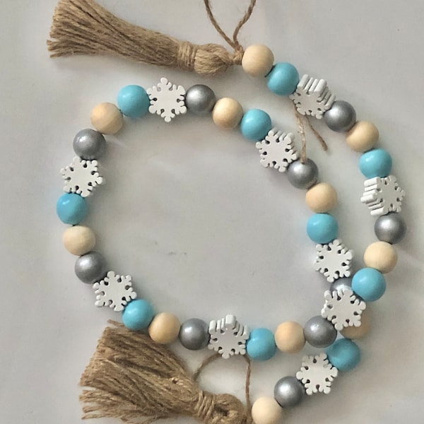 Blue and Silver Snowflake Wood Bead Garland