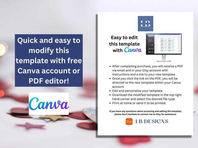 May include: A white document with text about editing a template with Canva. The text includes instructions on how to modify the template and a Canva logo. The document also features the text "Quick and easy to modify this template".