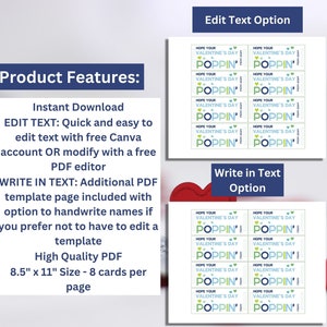 May include: A digital Valentine's Day template with two options: 'Edit Text' and 'Write in Text'. The 'Edit Text' option shows cards with the text 'Hope Your Valentine's Day is Poppin!' in blue and green. The product features include instant download and high-quality PDF.