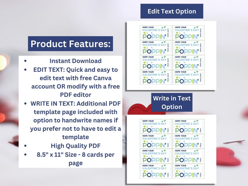 May include: A digital Valentine's Day template with two options: 'Edit Text' and 'Write in Text'. The 'Edit Text' option shows cards with the text 'Hope Your Valentine's Day is Poppin!' in blue and green. The product features include instant download and high-quality PDF.