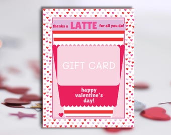 Teacher Coffee Gift Card Holder Printable | Teacher Valentine Coffee Card | Thanks A Latte | Teacher Valentine Card | Download & Print